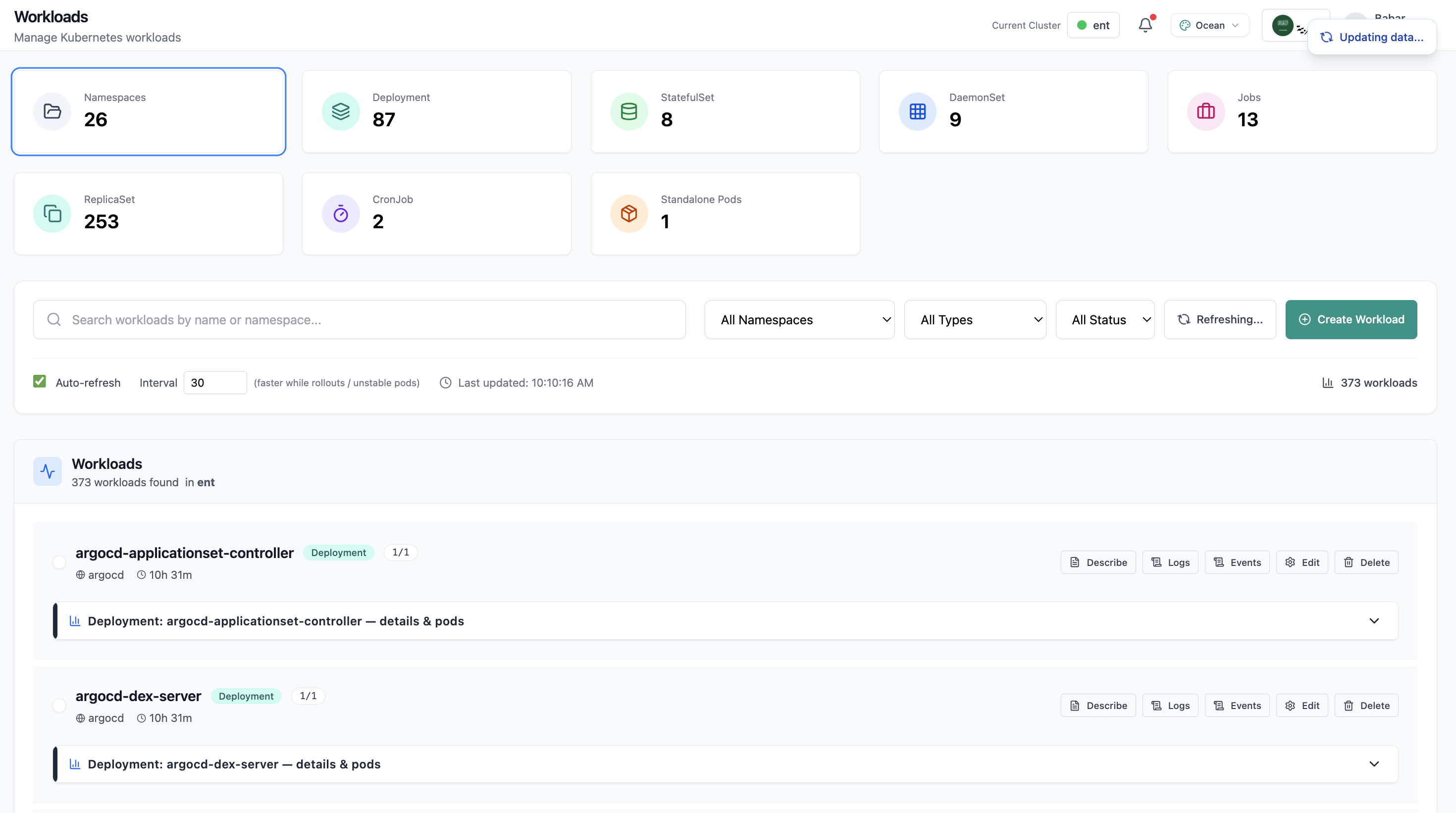 Workloads page with deployment list and resource summary.